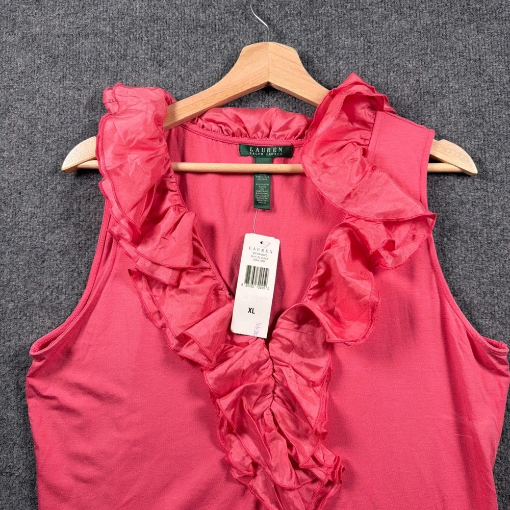 Lauren Ralph Lauren Sleeveless Top Womens XL Coral Pink Ruffle V-Neck READ